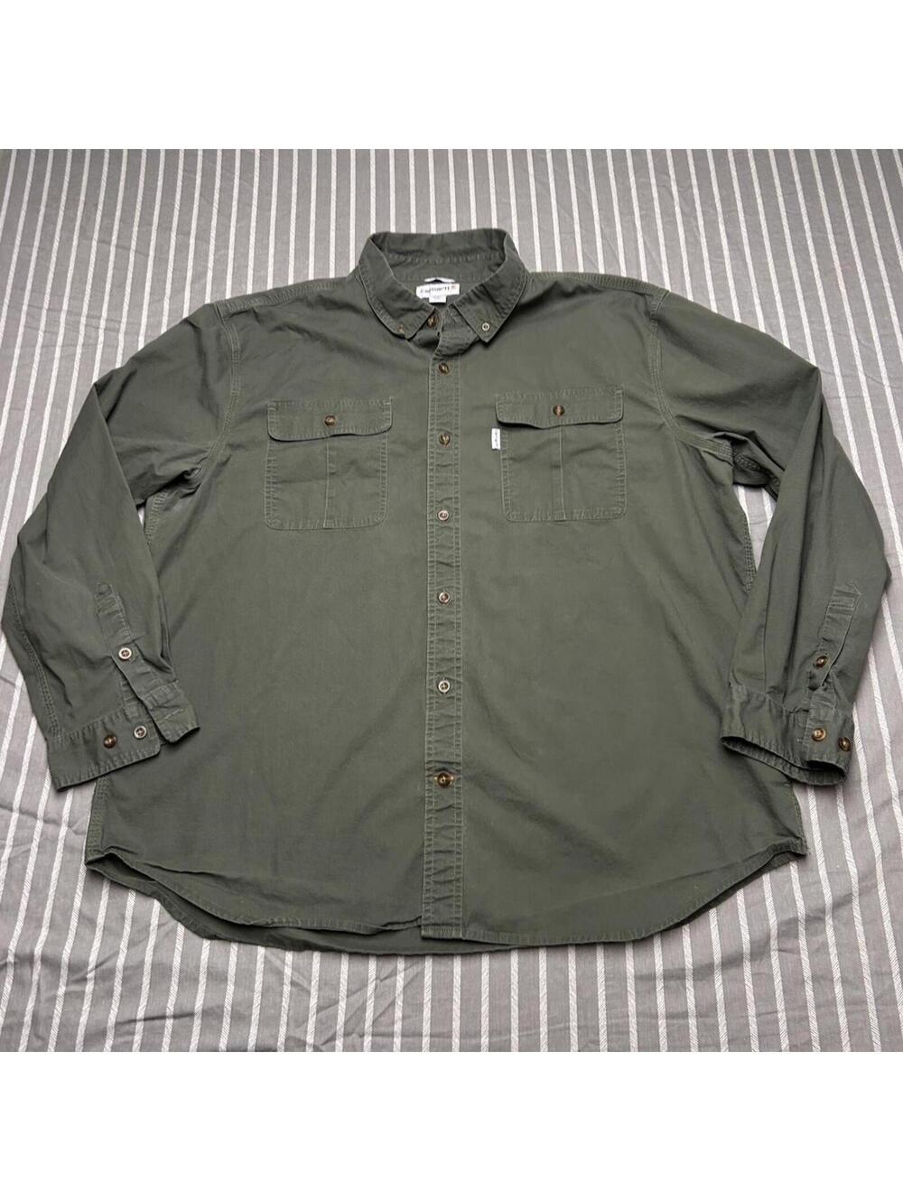 Carhartt Mens 2xl Long Sleeve Green Full Button Top Shirt Relaxed Fit